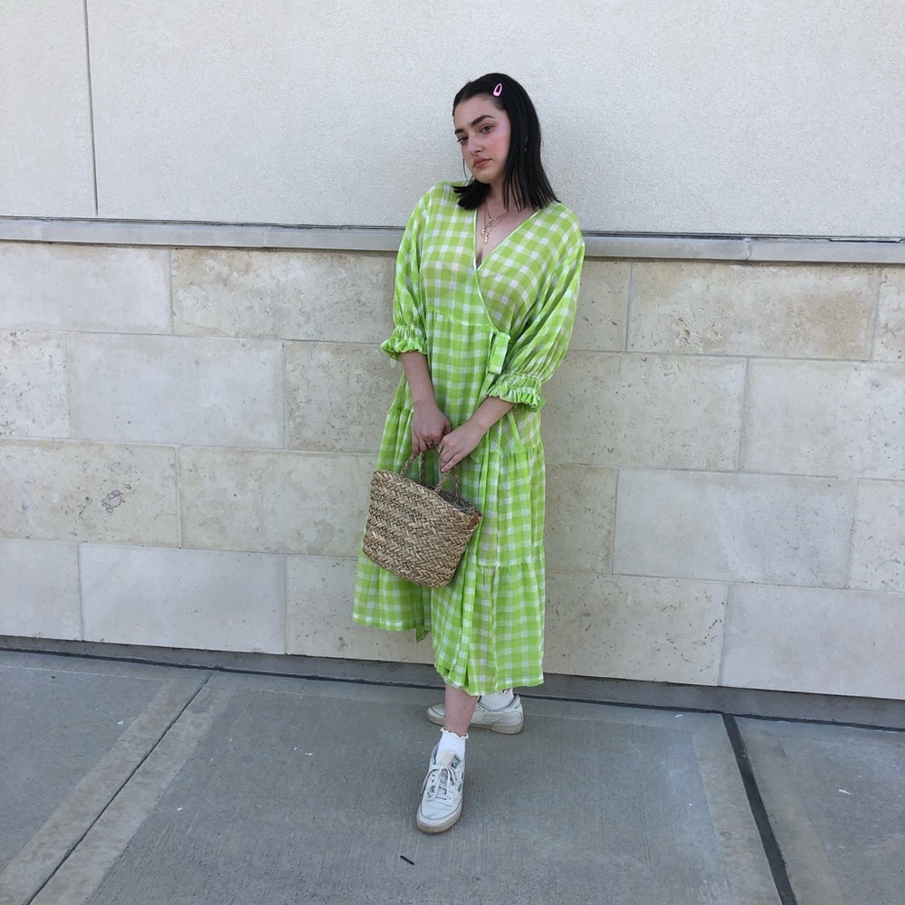 UO Green Gingham Wrap Dress